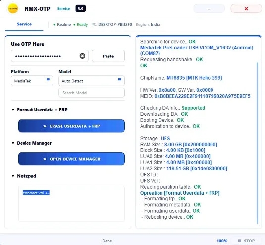 REALME XPROAUTH Realme one-click service interface